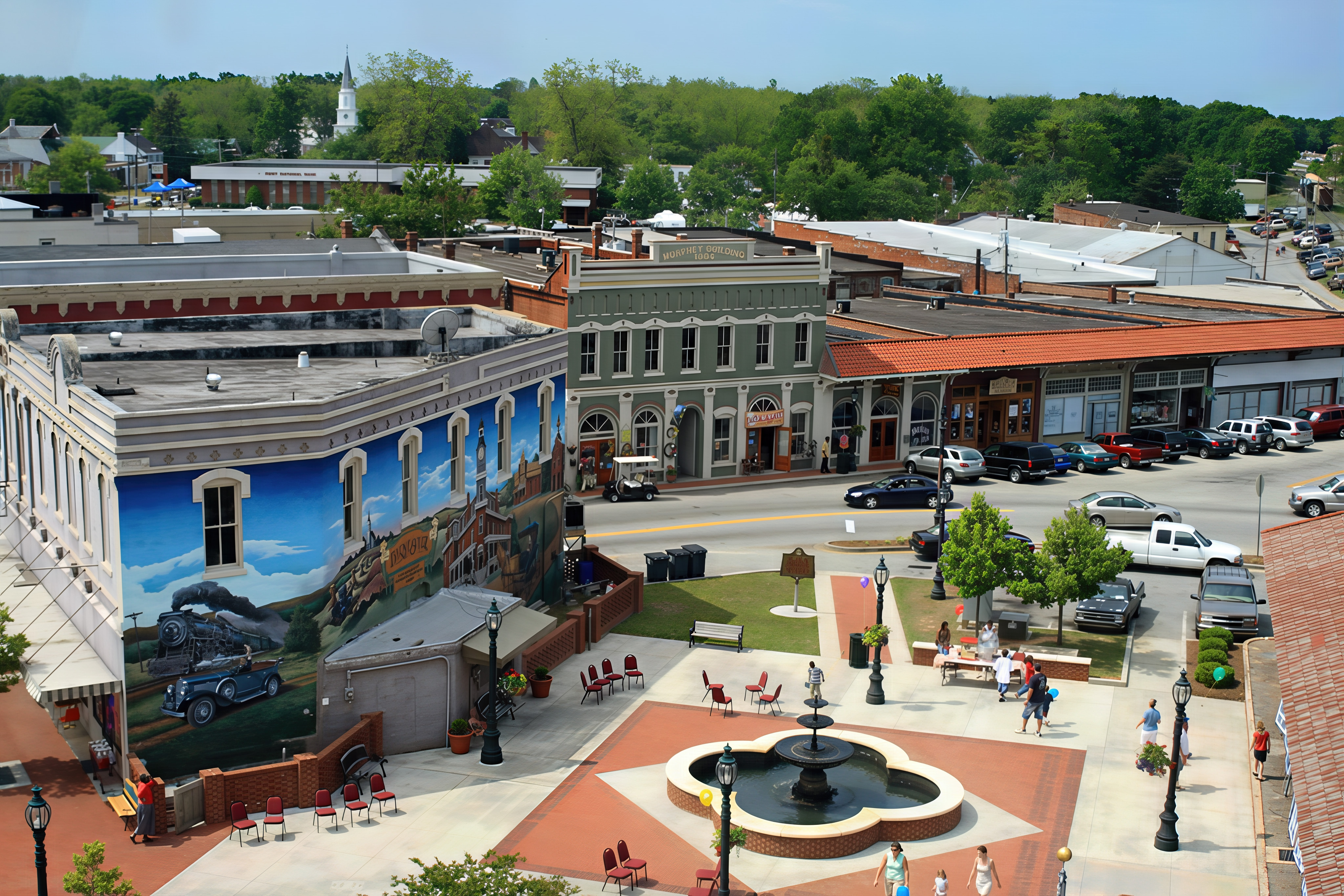 Aerial view of a lively historic downtown square with a fountain, café seating, mural, ornate storefronts, trees, and church steeple.