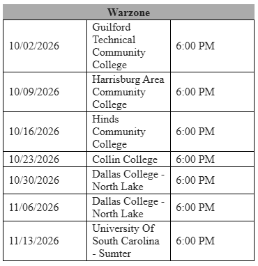 Fall 2026 Warzone Schedule